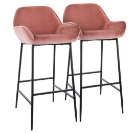 Elama 2 Piece Velvet Bar Stool in Blush Pink with Black Legs