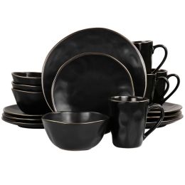 Elama Modern 16 Piece Stoneware Dinnerware Set in Matte Black with Gold Rim