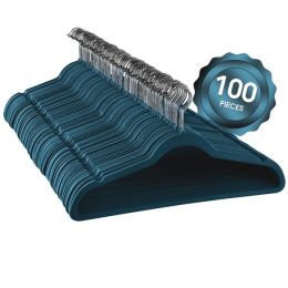 Elama Home 100 Piece Velvet Slim Profile Heavy Duty Felt Hangers with Stainless Steel Swivel Hooks in Blue